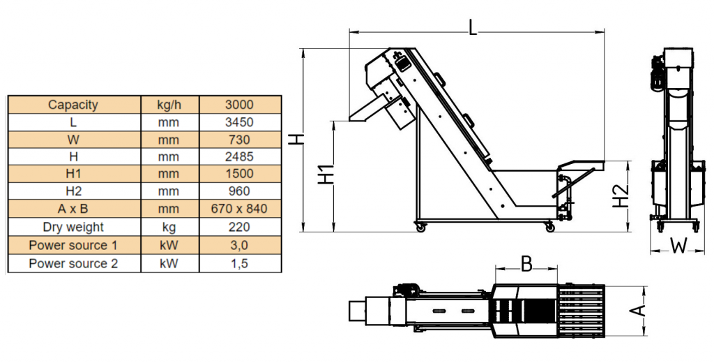 Fruit elevator mill. Fruit, vegetable washer, conveyor, grinder Maximill 3000 for juice production line